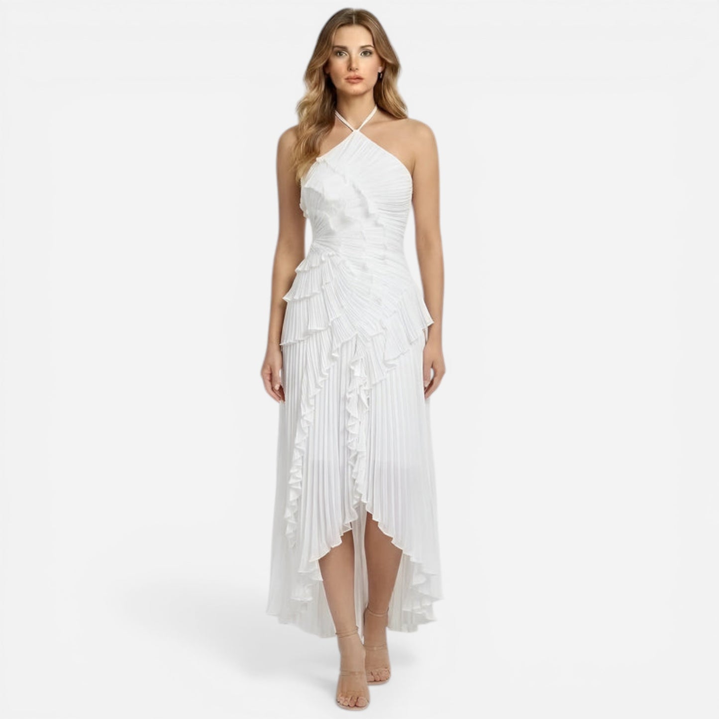 Robe longue élégante pour femme avec volants et plis, fente chic