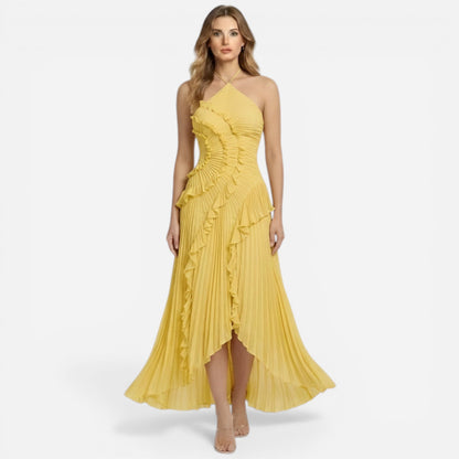 Robe longue élégante pour femme avec volants et plis, fente chic