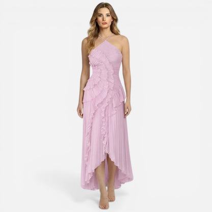 Robe longue élégante pour femme avec volants et plis, fente chic
