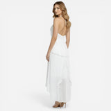 Robe longue élégante pour femme avec volants et plis, fente chic