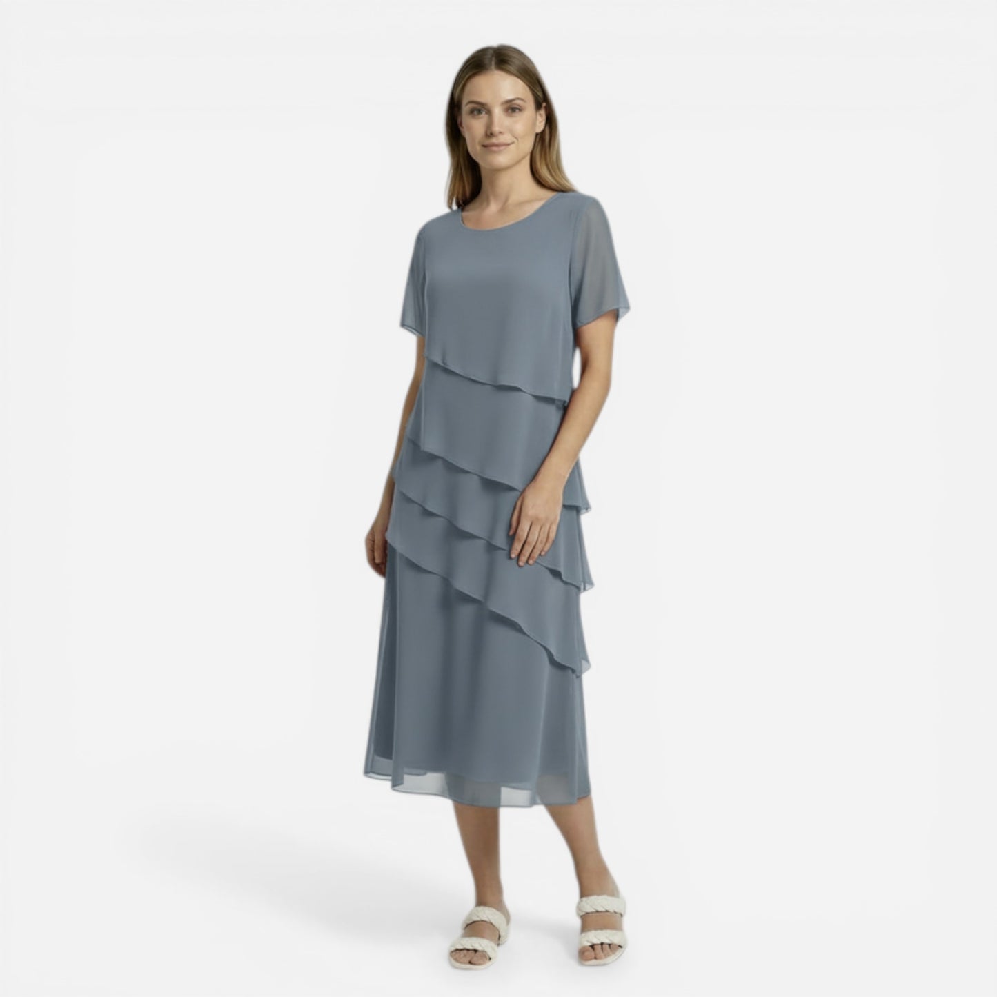 Robe Midi Élégante à Manches Courtes - Robe de Cérémonie Drapée