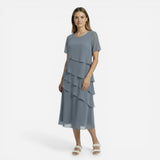 Robe Midi Élégante à Manches Courtes - Robe de Cérémonie Drapée