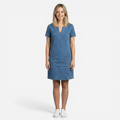 Robe en Jean Femme à Manches Courtes, Poches et Décolleté en V