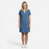 Robe en Jean Femme à Manches Courtes, Poches et Décolleté en V