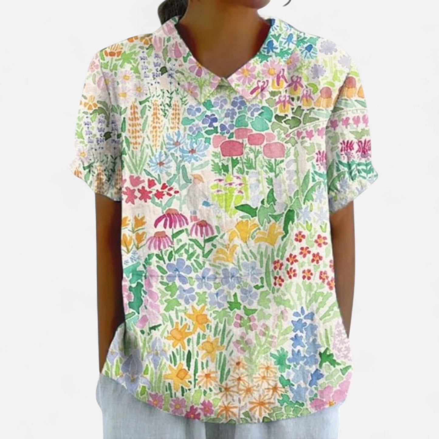 Blouse Florale - Manches Courtes, Col Peter Pan en Coton Léger
